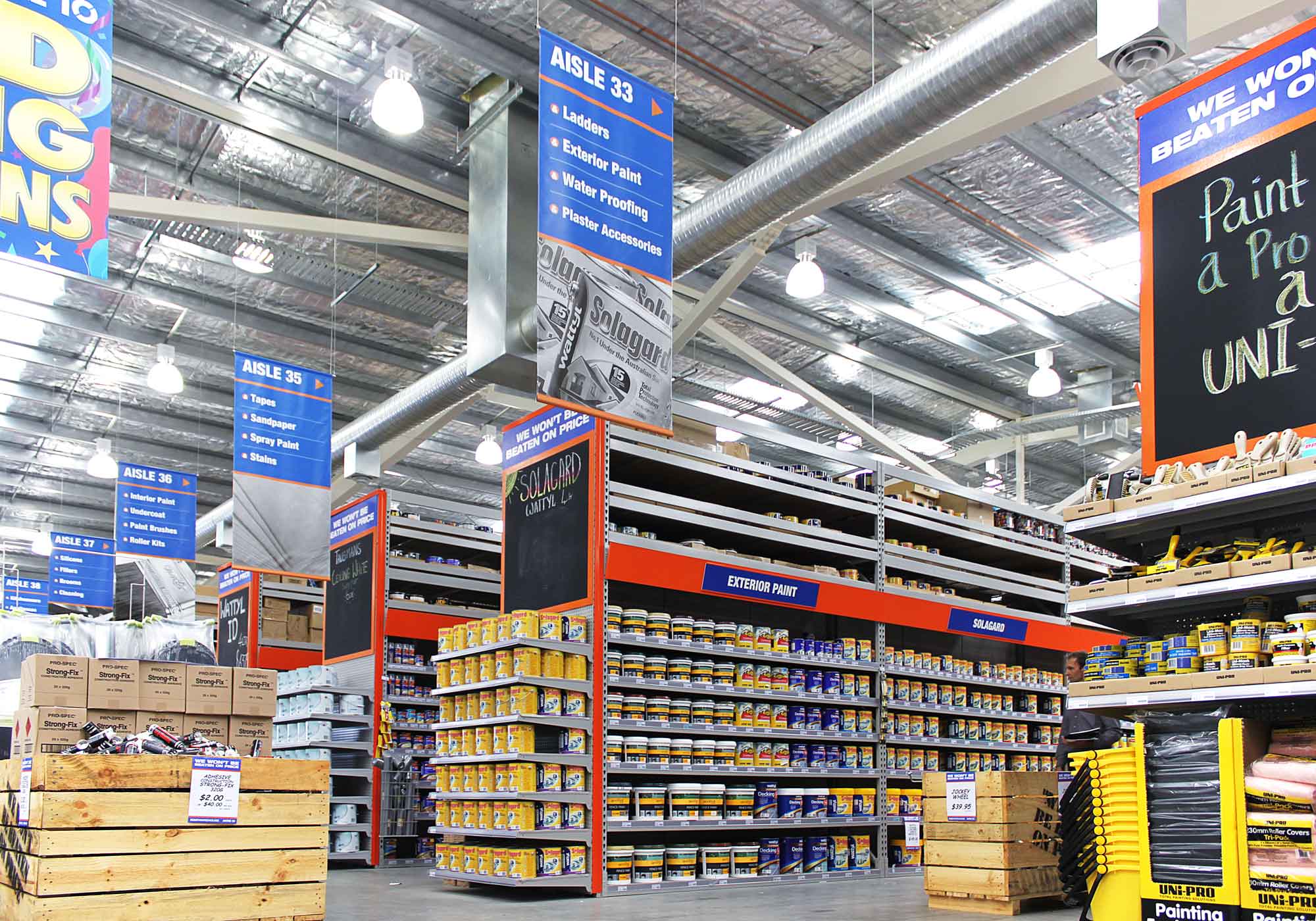 Big Box shelving used to store a variety of heavy products in building material supply retail store